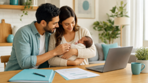 Pais com bebê recém-nascido revisando seguro saúde nos Estados Unidos