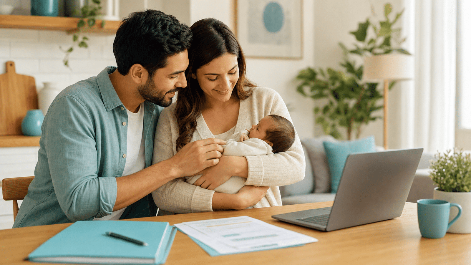 Pais com bebê recém-nascido revisando seguro saúde nos Estados Unidos