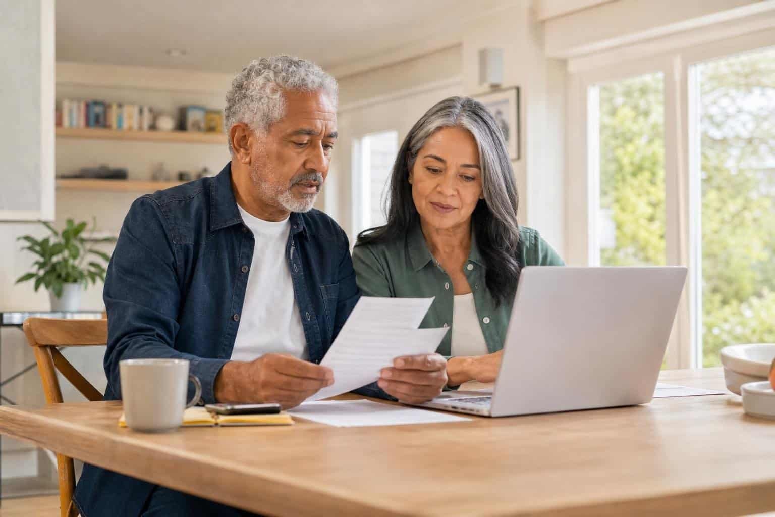 Casal na faixa dos 65 anos revisando documentos de Medicare e planejamento de saúde em casa