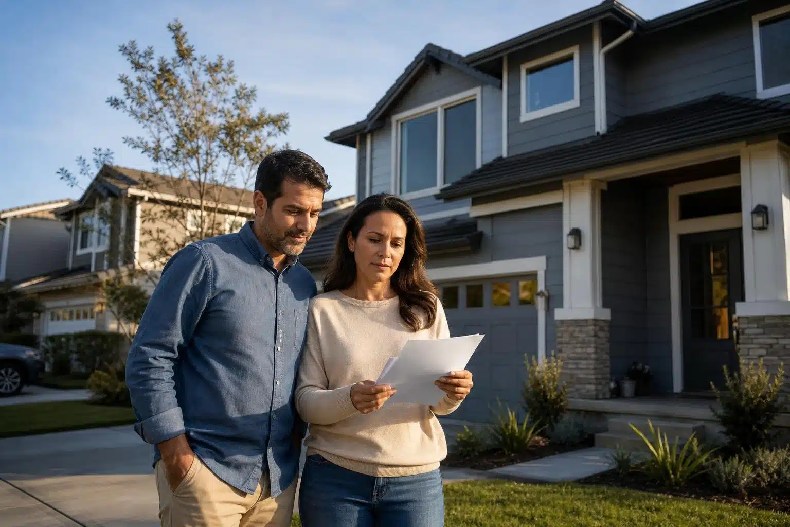 Casal brasileiro diante de uma casa nos Estados Unidos enquanto revisa documentos sobre seguro residencial.