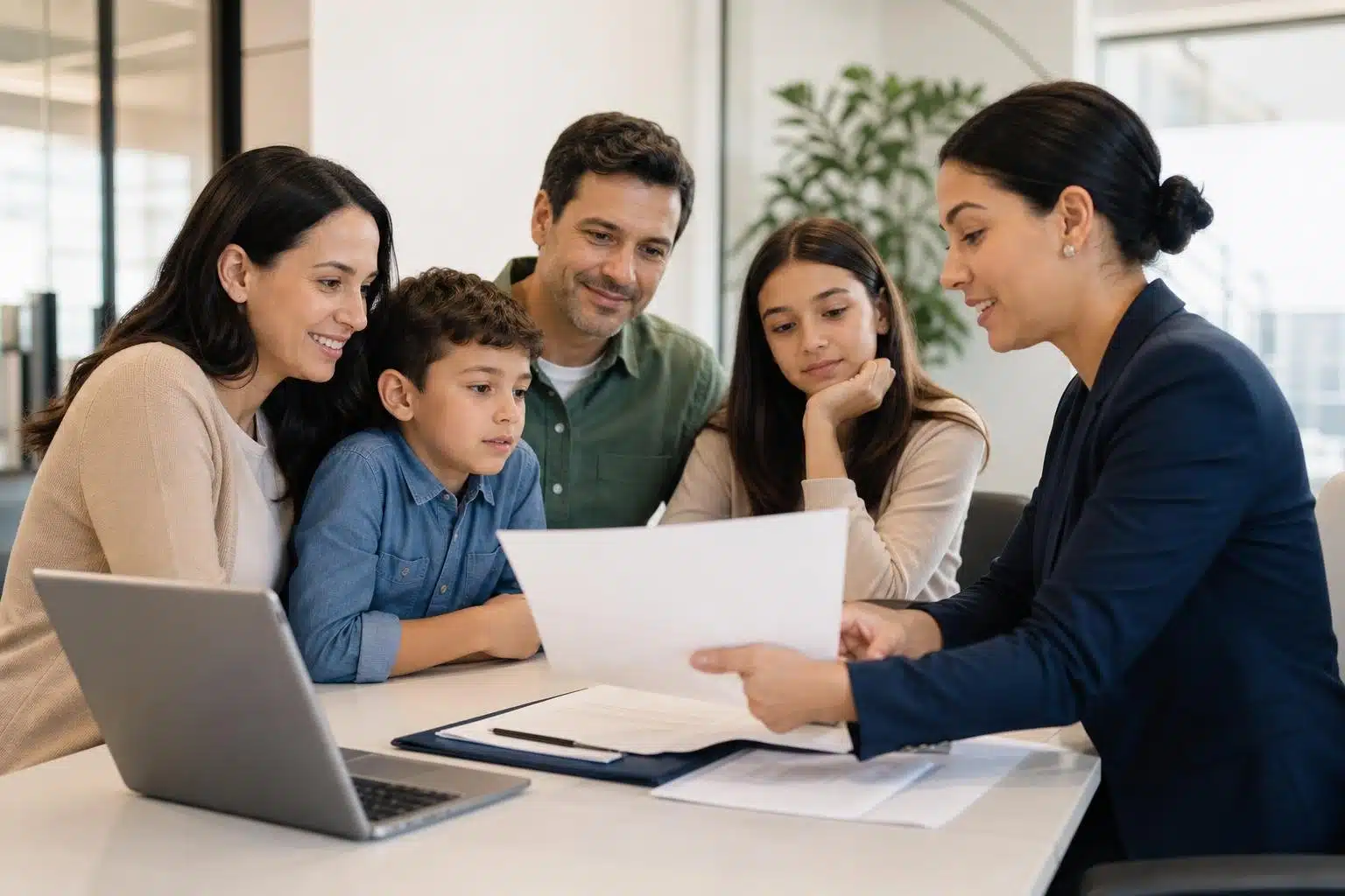 Família brasileira nos Estados Unidos conversa com uma corretora sobre opções de seguro saúde para 2027.