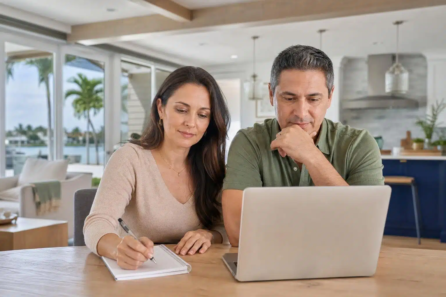 Casal analisando opções de seguro saúde em casa nos Estados Unidos.