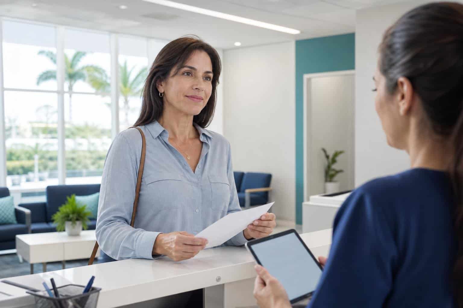 Paciente conversa com atendente sobre um pedido de exames na recepção de um laboratório.
