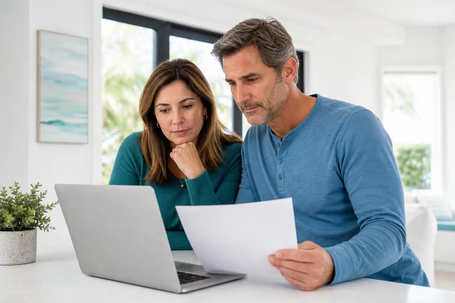 Casal consultando informações no computador antes de agendar um procedimento médico.