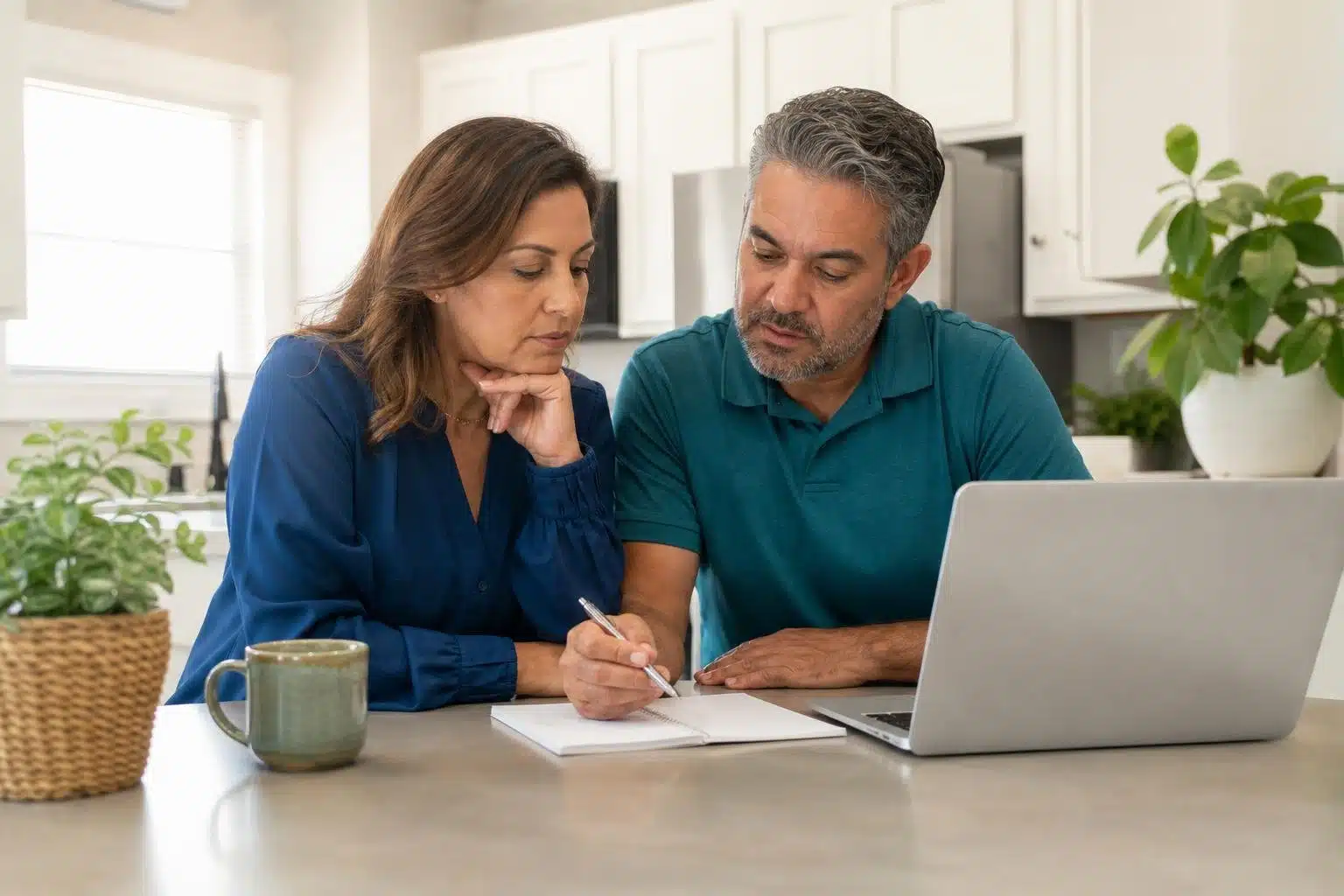 Casal organizando despesas de saúde com um notebook e um caderno em casa.